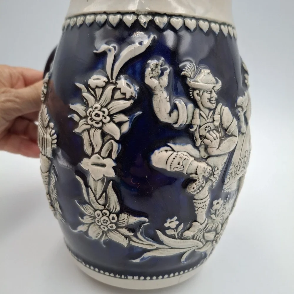 Vintage Western Germany Beer Stein Mug Blue Glaze 3613 Accordion Dancer Edelweis